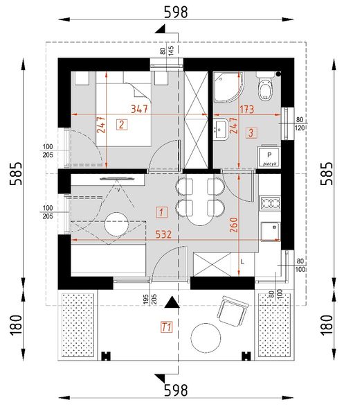 Projekt domu D315D - wersja drewniana - rzut parteru, dom liczy 1 pokoje, 1 łazienki i wc