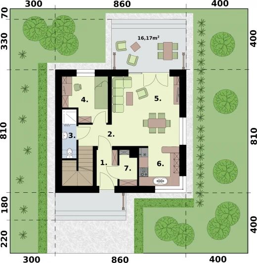 Projekt domu Sevilla 4 - na zgłoszenie do 70m2 pompa ciepła, wentylacja mechaniczna z rekup. - rzut parteru, dom liczy 4 pokoje, 2 łazienki i wc