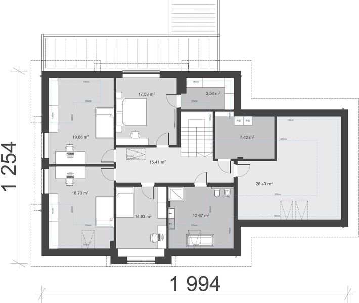 Projekt domu uA389 - rzut poddasza, dom liczy 6 pokoje, 2 łazienki i wc