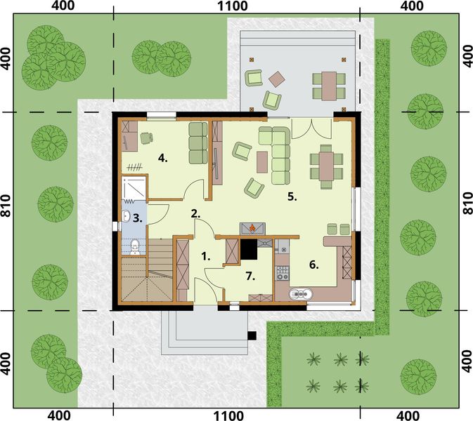 Projekt domu Samos szkielet drewniany - rzut parteru, dom liczy 4 pokoje, 2 łazienki i wc