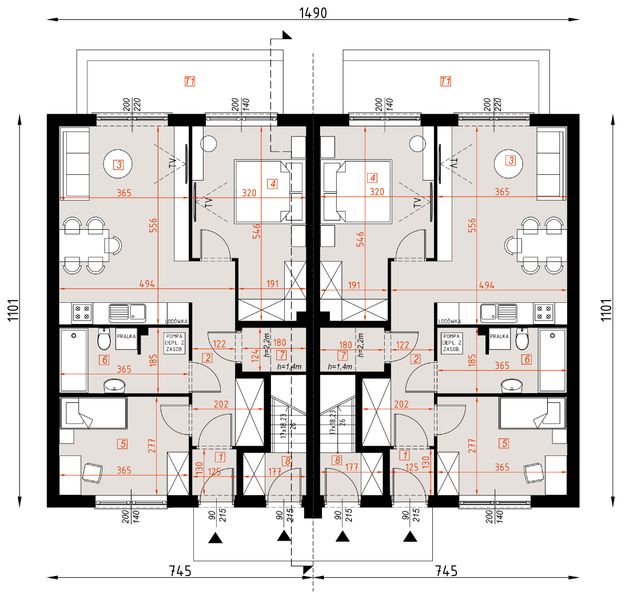 Parter projektu D424A - zabudowa bliźniacza - segmenty dwulokalowe