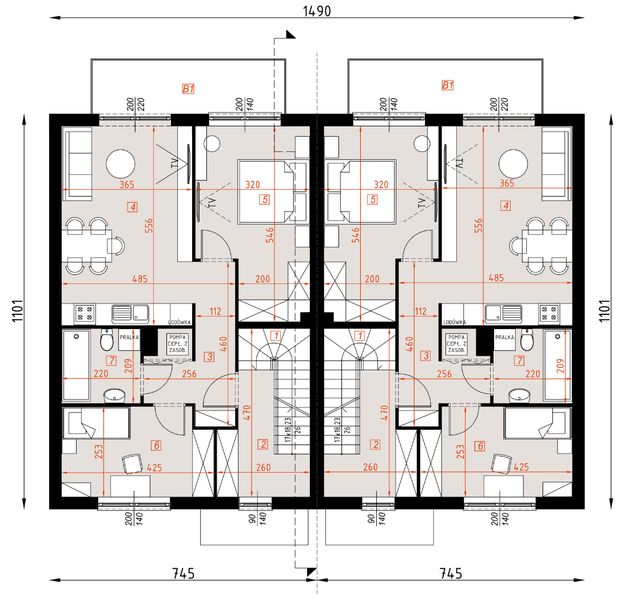 Piętro 1 projektu D424A - zabudowa bliźniacza - segmenty dwulokalowe