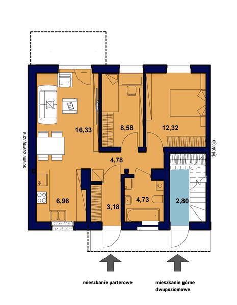 Projekt domu Domidea 203 - rzut parteru, dom liczy 6 pokoje, 4 łazienki i wc