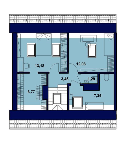 Projekt domu Domidea 203 - rzut poddasza, dom liczy 6 pokoje, 4 łazienki i wc