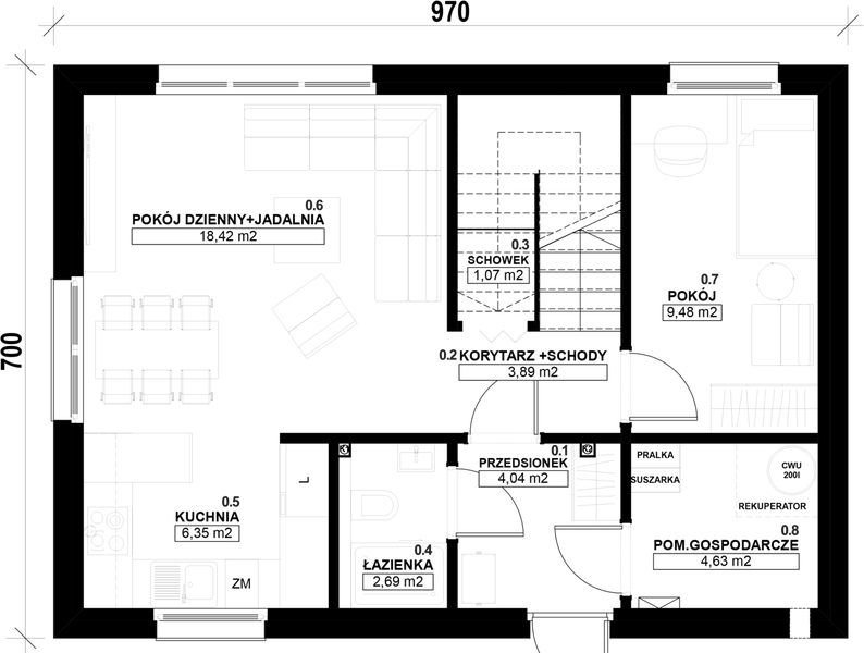 Parter projektu Dom prefabrykowany Piętrowy 95A