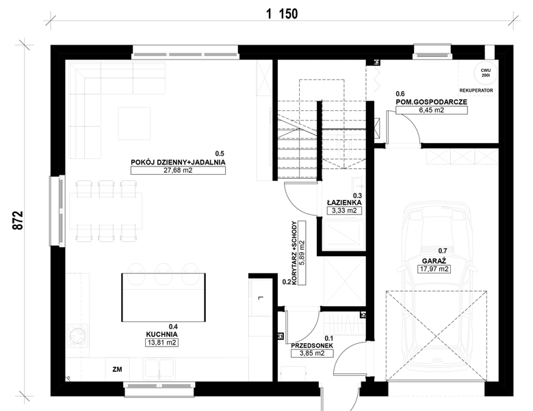 Parter projektu Dom prefabrykowany Stodoła 150B