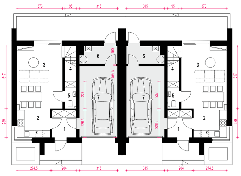 Parter projektu Gaja z garażem 1-st. bliźniak [A-BL]