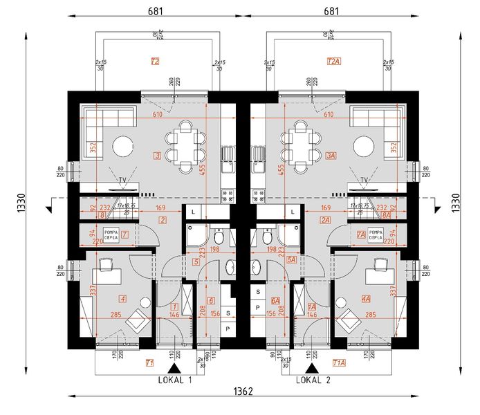 Projekt domu D425A - Zabudowa bliźniacza - rzut parteru, dom liczy 8 pokoje, 5 łazienki i wc