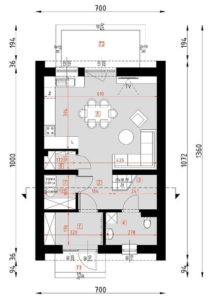 Projekt domu D427 - rzut parteru, dom liczy 3 pokoje, 2 łazienki i wc