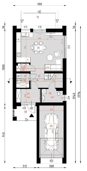 Projekt domu D427 - z garażem - rzut parteru, dom liczy 3 pokoje, 2 łazienki i wc