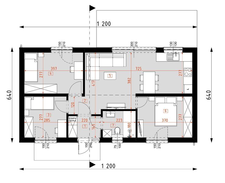Projekt domu DM3 - wersja drewniana - rzut parteru, dom liczy 3 pokoje, 1 łazienki i wc