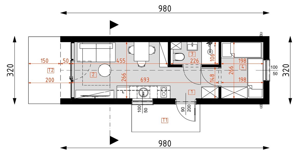 Projekt domu letniskowego DM6 - wersja drewniana - rzut parteru, dom liczy 1 pokoje, 1 łazienki i wc