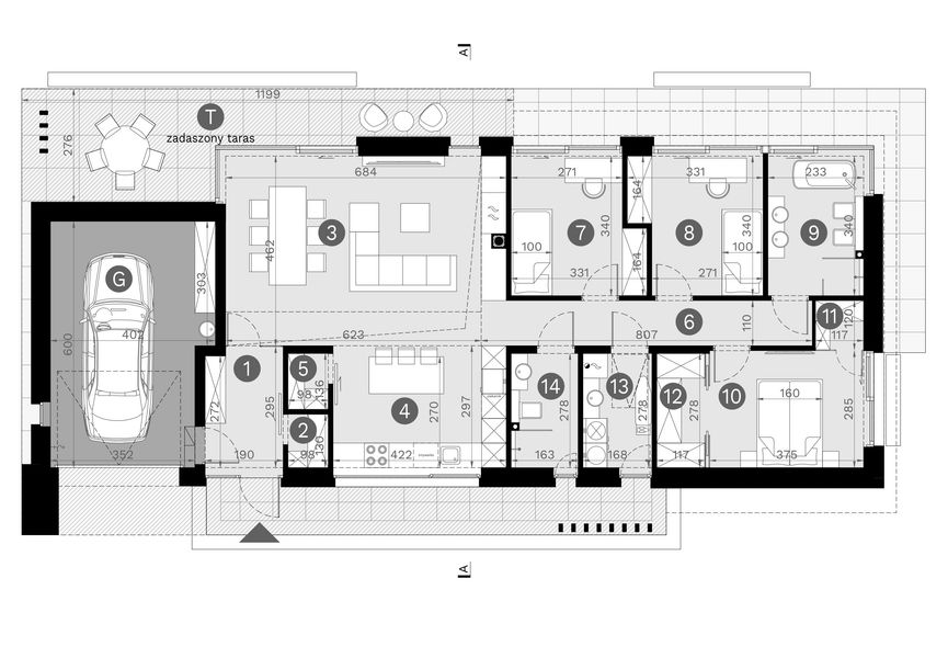 Projekt domu HomeKoncept 144 G1 - rzut parteru, dom liczy 3 pokoje, 2 łazienki i wc