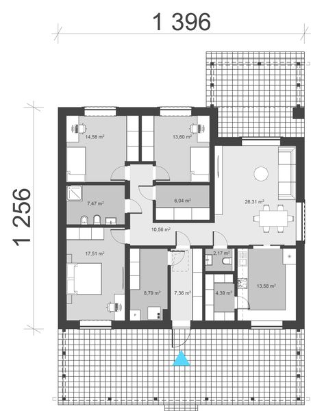Projekt domu uA438 - rzut parteru, dom liczy 3 pokoje, 2 łazienki i wc