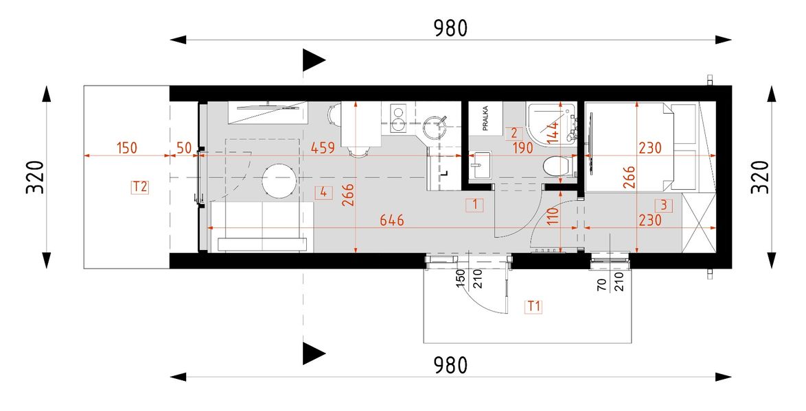 Projekt domu letniskowego DM7 - wersja drewniana - rzut parteru, dom liczy 1 pokoje, 1 łazienki i wc