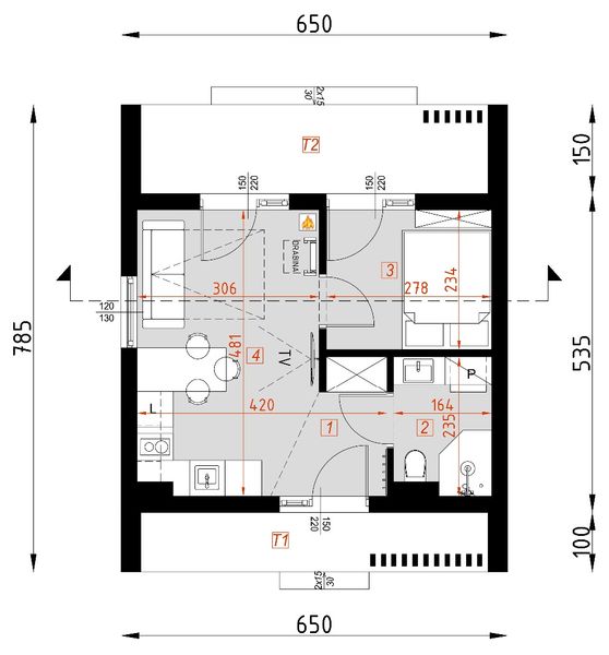 Projekt domu letniskowego D434 - wersja drewniana - rzut parteru, dom liczy 1 pokoje, 1 łazienki i wc
