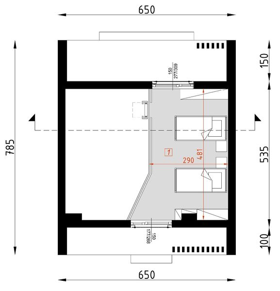 Projekt domu letniskowego D434 - wersja drewniana - rzut poddasza, dom liczy 1 pokoje, 1 łazienki i wc