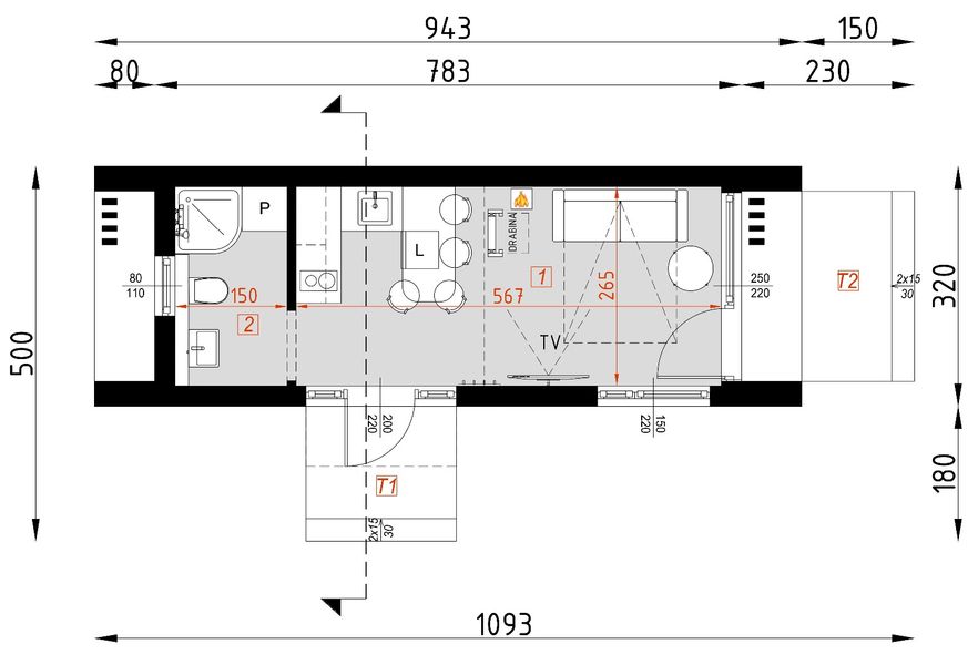 Projekt domu letniskowego D435 - wersja drewniana - rzut parteru, dom liczy 0 pokoje, 1 łazienki i wc