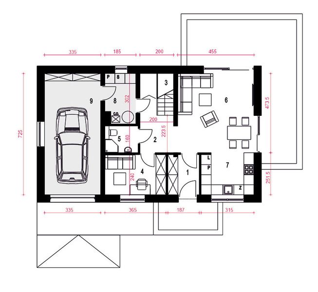 Projekt domu Hazi z garażem 1-st. [A] - rzut parteru, dom liczy 4 pokoje, 2 łazienki i wc