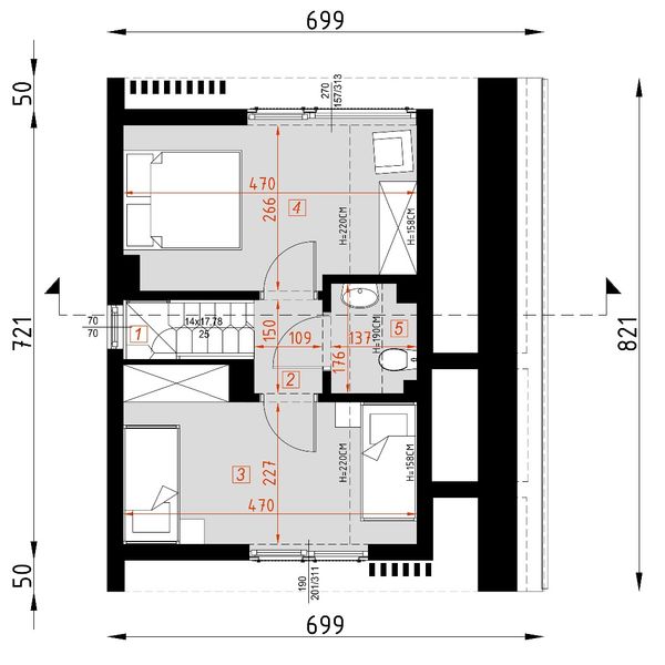 Projekt domu D433 - wersja drewniana - rzut poddasza, dom liczy 2 pokoje, 2 łazienki i wc