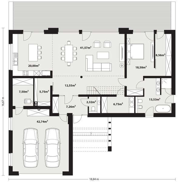 Projekt domu Kampinos - rzut parteru, dom liczy 5 pokoje, 3 łazienki i wc