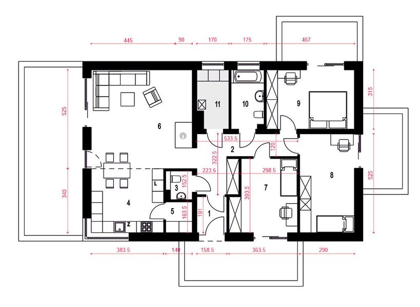 Projekt domu Lena II bez garażu [B] - rzut parteru, dom liczy 3 pokoje, 2 łazienki i wc