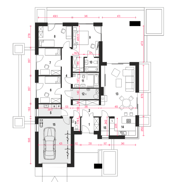 Projekt domu Klara VIII z garażem 1-st. [A] - rzut parteru, dom liczy 4 pokoje, 3 łazienki i wc