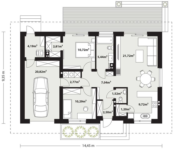 Projekt domu Galia 2 - rzut parteru, dom liczy 2 pokoje, 2 łazienki i wc