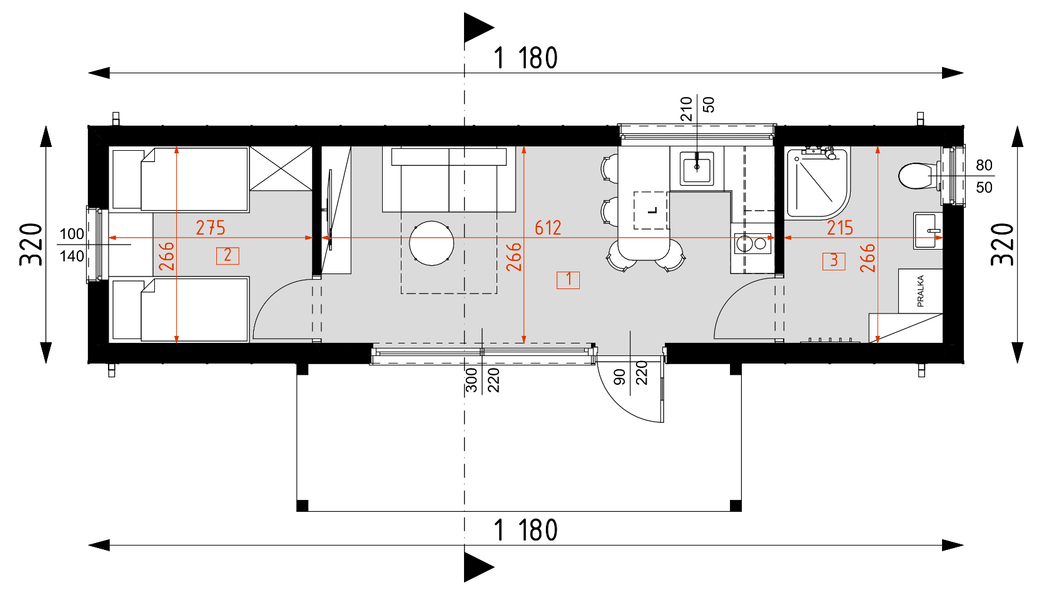 Projekt domu letniskowego DM24A - wersja drewniana - rzut parteru, dom liczy 1 pokoje, 1 łazienki i wc