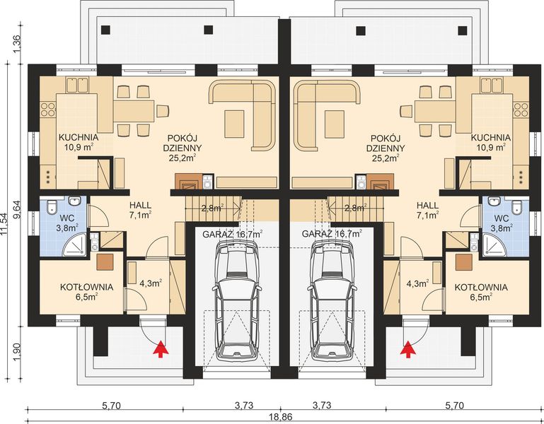 Projekt domu APS 107 wariant 2 dwulokalowy - rzut parteru, dom liczy 6 pokoje, 4 łazienki i wc