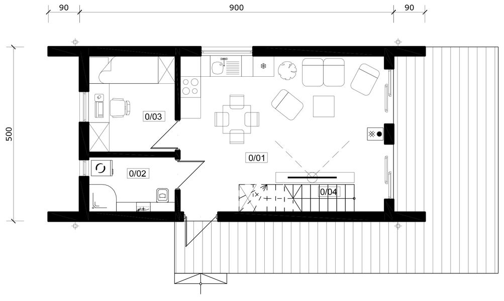 Projekt domu Jaskółka XL 4 - rzut parteru, dom liczy 4 pokoje, 2 łazienki i wc
