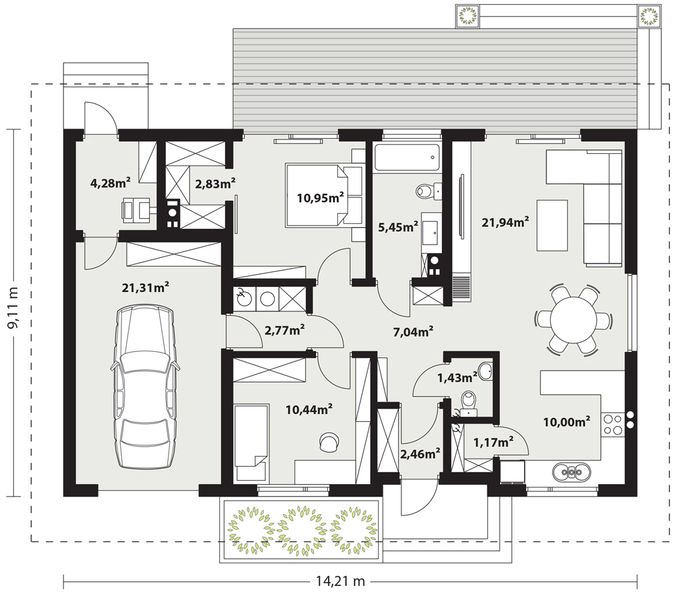 Projekt domu Gaja 4 drewniana - rzut parteru, dom liczy 2 pokoje, 2 łazienki i wc