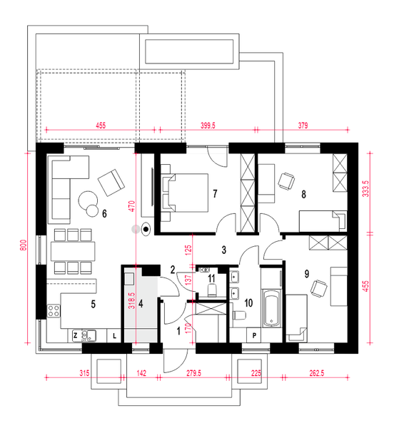 Projekt domu Pieris bez garażu [B] - rzut parteru, dom liczy 3 pokoje, 2 łazienki i wc
