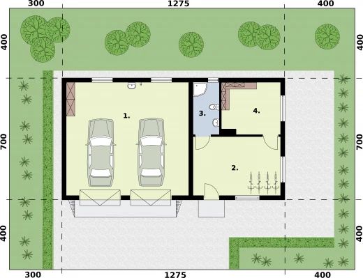 Projekt garażu G362 garaż dwustanowiskowy z pomieszczeniami gospodarczymi - rzut parteru, dom liczy 0 pokoje, 1 łazienki i wc