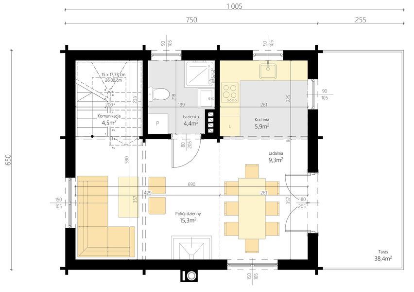 Parter projektu Jutrzenka powiększona z zadaszonym tarasem