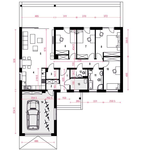 Projekt domu Gąska IV A z garażem 1-st. [A] - rzut parteru, dom liczy 4 pokoje, 2 łazienki i wc