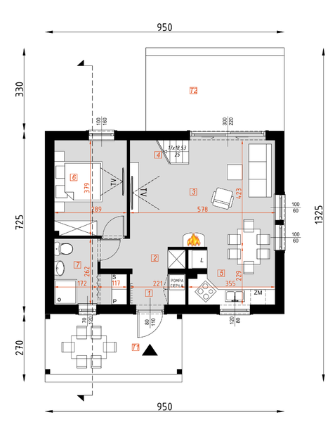 Projekt domu D440 - rzut parteru, dom liczy 3 pokoje, 2 łazienki i wc