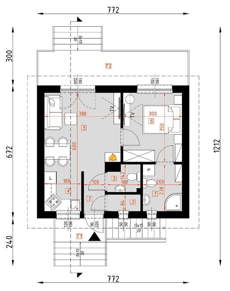 Projekt domu D442 - Bogusia - rzut parteru, dom liczy 1 pokoje, 2 łazienki i wc