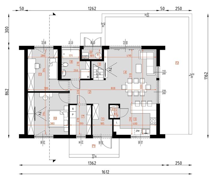 Projekt domu D445 - wersja drewniana - rzut parteru, dom liczy 2 pokoje, 1 łazienki i wc