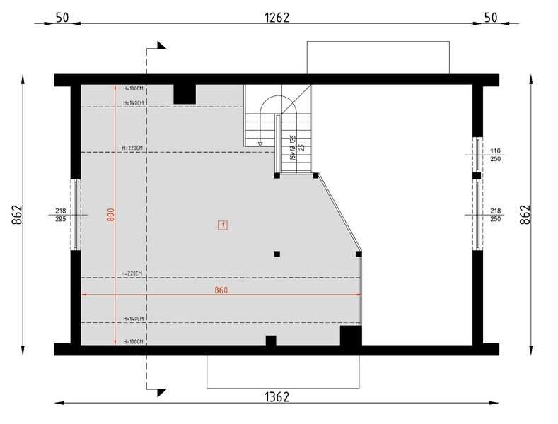 Projekt domu D445 - wersja drewniana - rzut poddasza, dom liczy 2 pokoje, 1 łazienki i wc