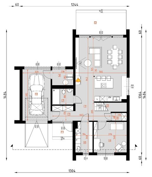 Projekt domu D444 wersja drewniana - rzut parteru, dom liczy 4 pokoje, 3 łazienki i wc