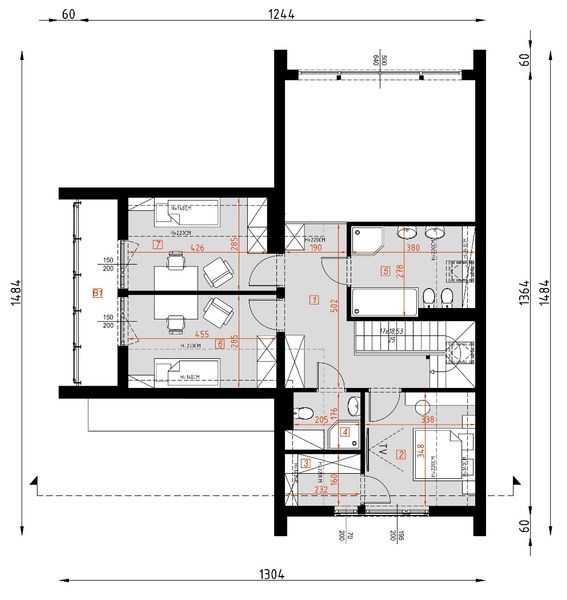 Projekt domu D444 wersja drewniana - rzut poddasza, dom liczy 4 pokoje, 3 łazienki i wc