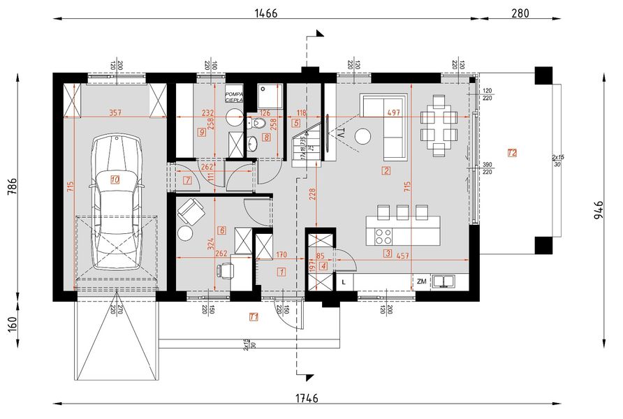 Projekt domu D448B - rzut parteru, dom liczy 5 pokoje, 2 łazienki i wc