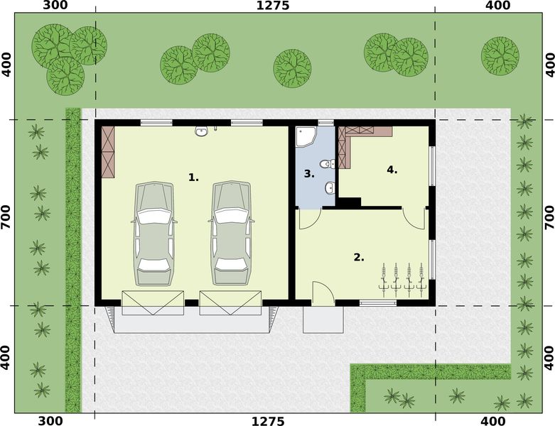 Projekt garażu G363 garaż dwustanowiskowy z pomieszczeniami gospodarczymi - rzut parteru, dom liczy 0 pokoje, 1 łazienki i wc