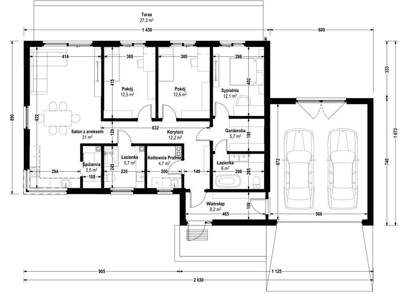 Parter projektu Dom prefabrykowany DH127U z garażem