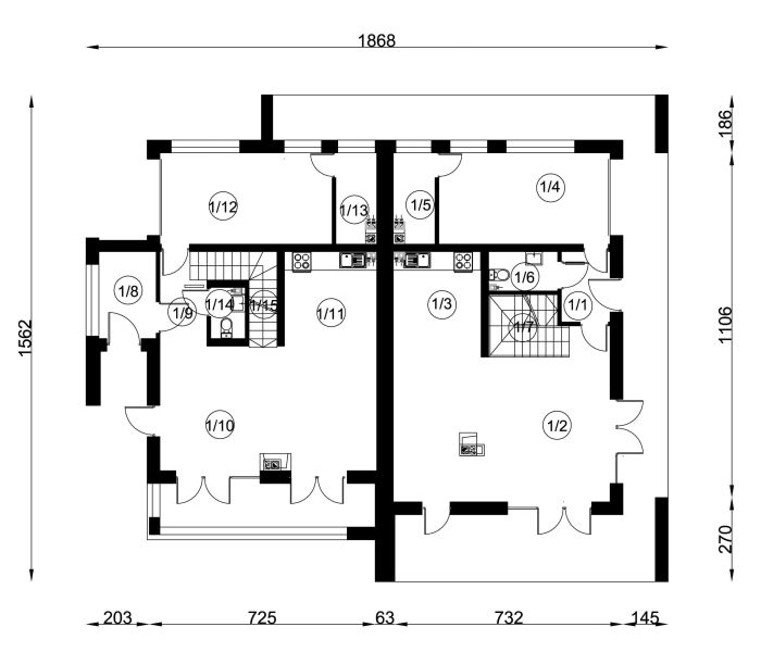 Projekt domu B-447 - rzut parteru, dom liczy 6 pokoje, 6 łazienki i wc