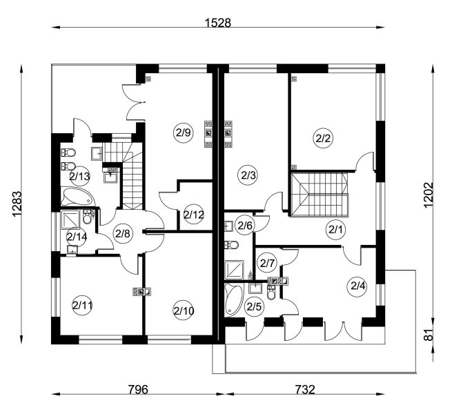 Projekt domu B-447 - rzut 1 piętra, dom liczy 6 pokoje, 6 łazienki i wc
