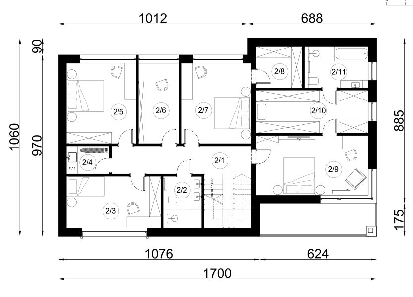 Projekt domu N-254 - rzut 1 piętra, dom liczy 6 pokoje, 3 łazienki i wc