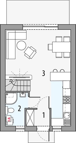 Projekt domu Mewa 2 - rzut parteru, dom liczy 3 pokoje, 2 łazienki i wc