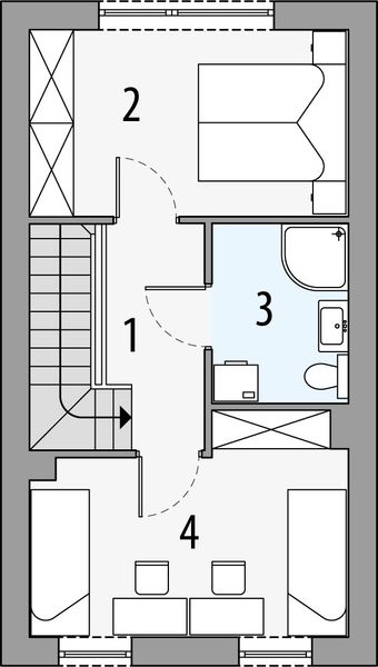 Projekt domu Koral b - rzut 1 piętra, dom liczy 2 pokoje, 2 łazienki i wc